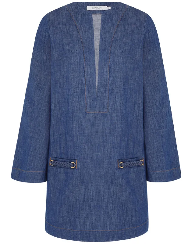 Chic Layering Comfortable Daywear Railway Blue Denim Wylie Tunic Dress