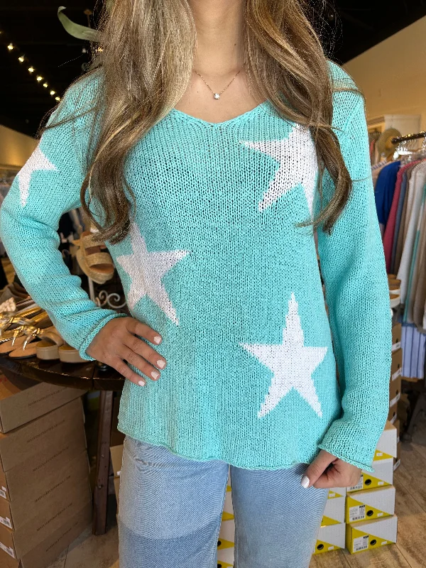 Fashion Comfort Trends Casual Vibes Wooden Ships Hailey Star V Cotton Sweater Surf Jack Aqua/Breaker White