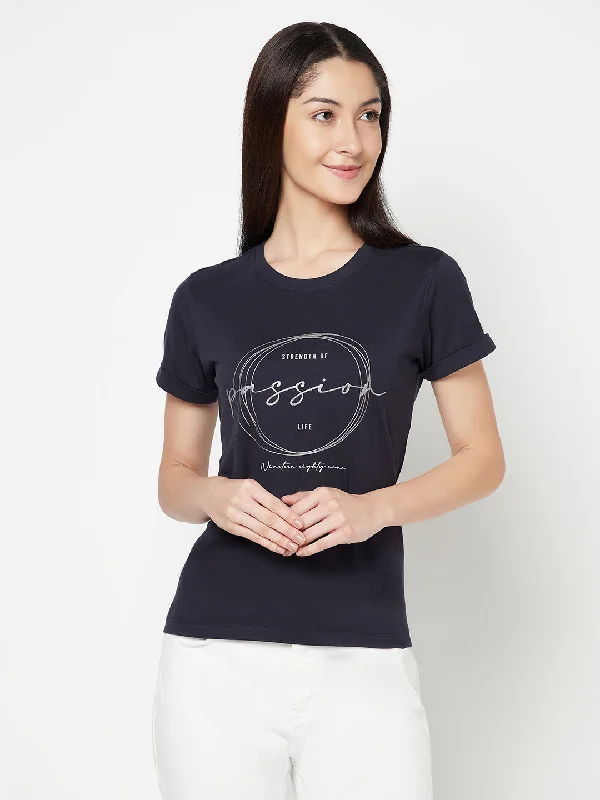 Budget-friendly Comfort Warm Layers Women's Casual Regular Short Sleeve Navy Blue Round neck Graphic Print T-Shirt Budget-friendly Comfort Warm Layers Women's Casual Regular Short Sleeve Navy Blue Round neck Graphic Print T-Shirt