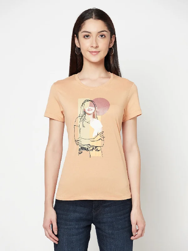 Cozy Looks Warm Style Women's Casual Regular Short Sleeve Peach Round neck Graphic Print T-Shirt Cozy Looks Warm Style Women's Casual Regular Short Sleeve Peach Round neck Graphic Print T-Shirt
