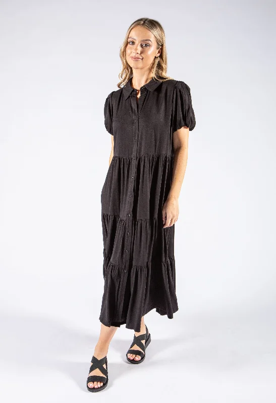 Simple Fashion Styles Modern Comfortwear Tiered Hem Button Down Dress