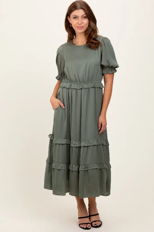 Simple Wear Fits Versatile Chic Olive Satin Ruffle Trim Midi Dress