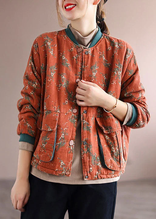 Simple Wear Fits Cozy Styles Women Orange Pockets Print Fine Cotton Filled Coats Spring