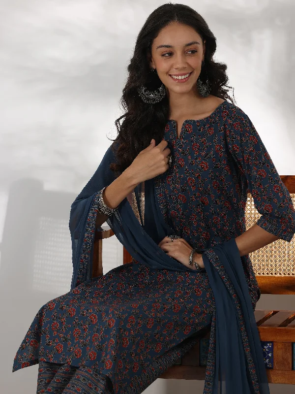 Modern Daywear Day Comfort Blue Printed Cotton Straight Suit With Dupatta