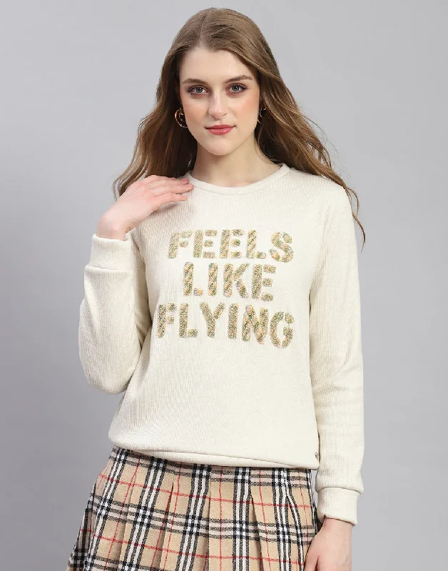 Women Beige Embroidered Round Neck Full Sleeve Sweatshirt