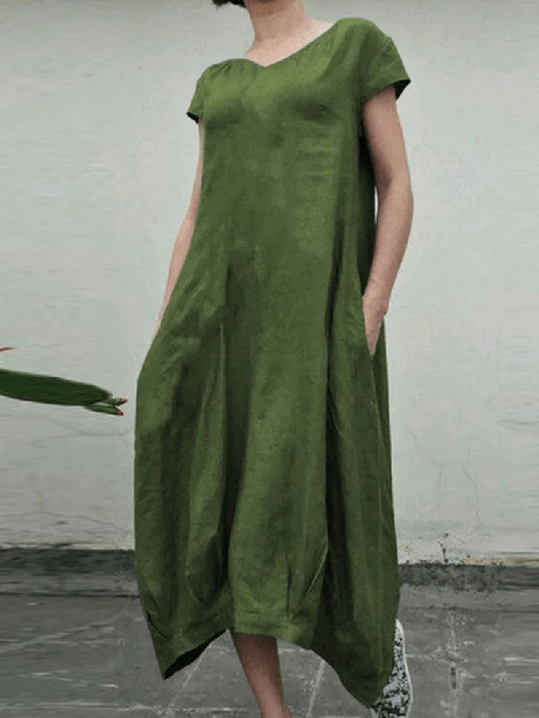Comfortable Everyday Look Daywear Fashion Women Short Sleeve O-Neck Pleated Solid Causal Dress