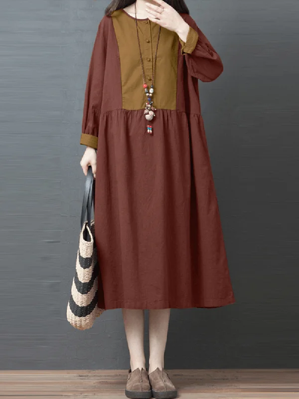 Fashion Layering Pieces Daywear Fashion Women Contrast Patchwork Button Front Casual Long Sleeve Maxi Shirt Dresses