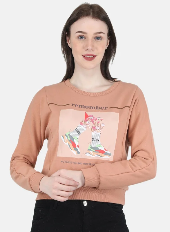 Trendy Warm Looks Comfortable Fits Women Peach Printed Sweatshirt