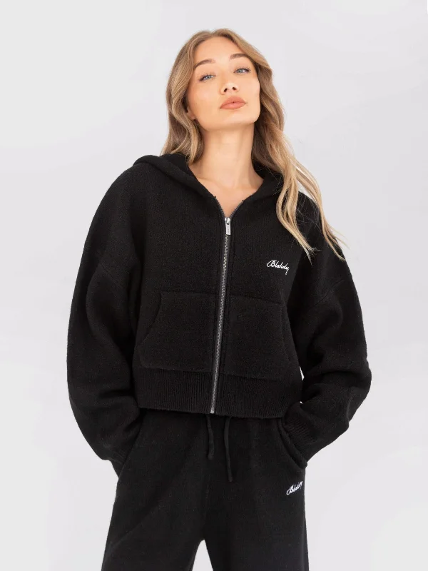 Everyday Wardrobe Essentials Soft Comfortwear Knitted Full Zip Hoodie - Black