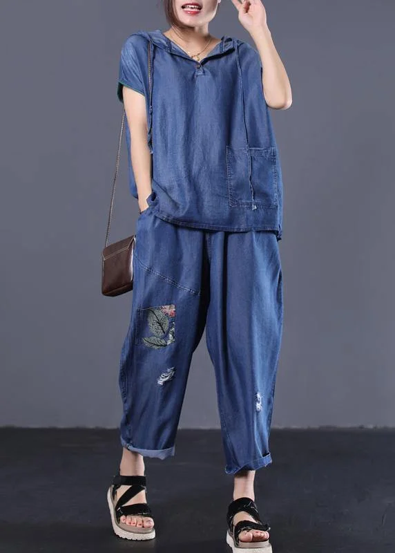 Versatile Outfits Comfortable Apparel denim blue vintage cotton two pieces hooded short sleeve tops and patchwork pants Versatile Outfits Comfortable Apparel denim blue vintage cotton two pieces hooded short sleeve tops and patchwork pants