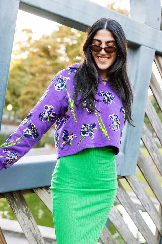 Practical Streetwear Trendy Comfortwear Purple Iris Collar Sweatshirt