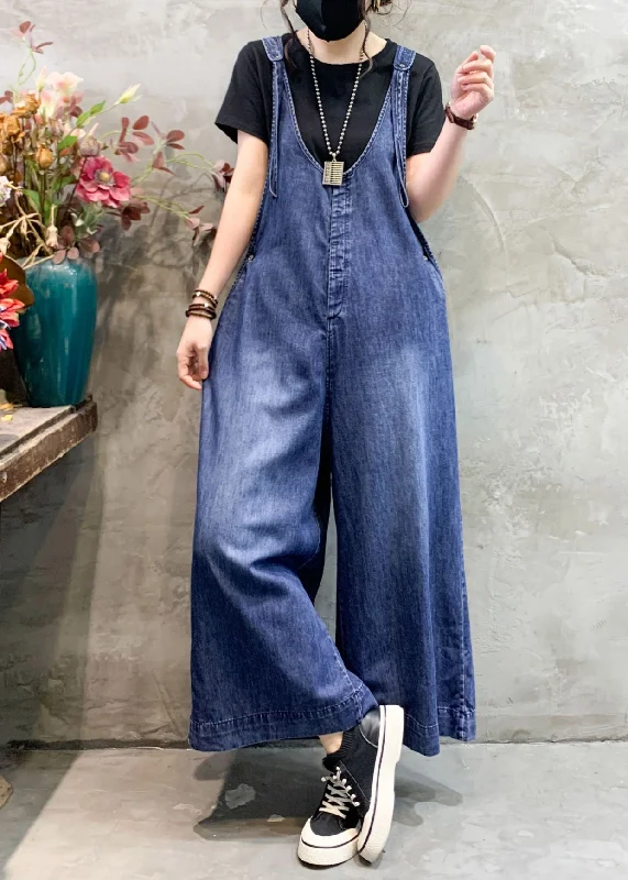 Art Blue V Neck Patchwork High Waist Denim Wide Leg Jumpsuits Spring