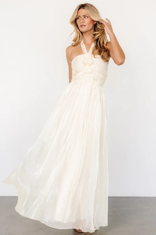 Stylish Comfort Look Minimal Layers Frederica Halter Maxi Dress | Cream Shimmer