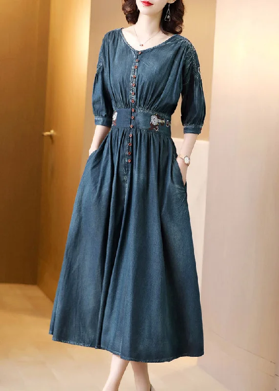 Comfy Daily Outfits Day-to-day Fashion Boho Blue O-Neck Wrinkled Tunic Cotton Denim Maxi Dress Long Sleeve Comfy Daily Outfits Day-to-day Fashion Boho Blue O-Neck Wrinkled Tunic Cotton Denim Maxi Dress Long Sleeve