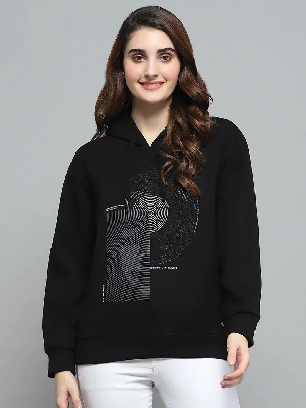 Casual Style Fits Practical Chic Women Black Printed Hooded Full Sleeve Sweatshirt Casual Style Fits Practical Chic Women Black Printed Hooded Full Sleeve Sweatshirt