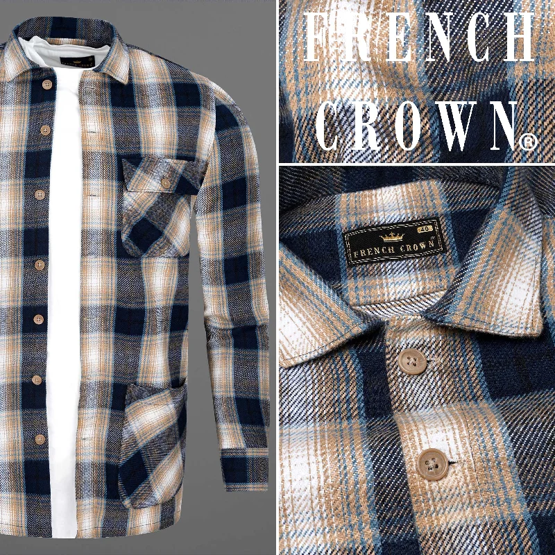 Relaxed Textiles Effortless Chic Style Ebony Clay Navy Blue and Sandrift Brown Plaid Flannel Designer Overhirt/Shacket