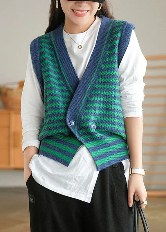 Cozy Street Looks Relaxed Dressing Plus Size Green Striped Button Fall Knit Sleeveless Waistcoat Cozy Street Looks Relaxed Dressing Plus Size Green Striped Button Fall Knit Sleeveless Waistcoat