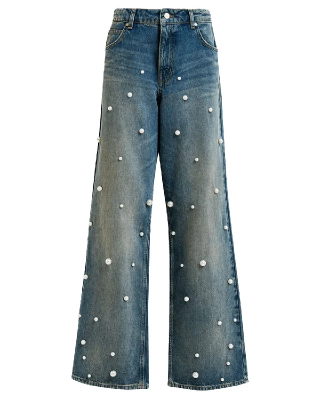 Street Comfort Clothing Stylish Outfits Bel Air Blue Pearl-Embellished Jeans