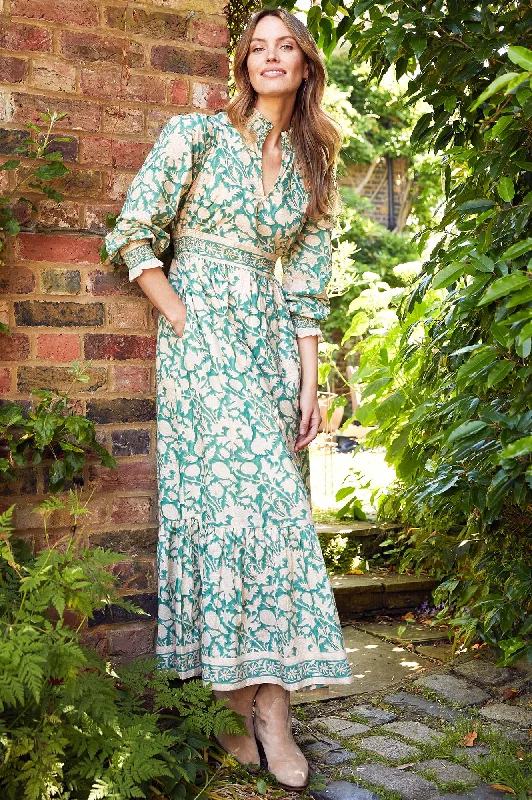 Modern Daywear Fashionable Comfortwear Emmeline Block Print Dress | Tea Rose Green/Taupe