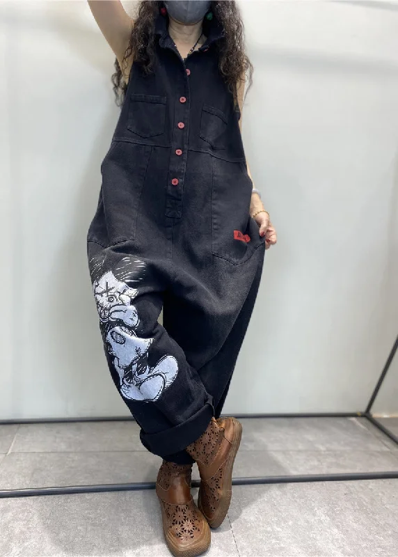 Stylish Black Peter Pan Collar Print Button Denim Jumpsuits Spring