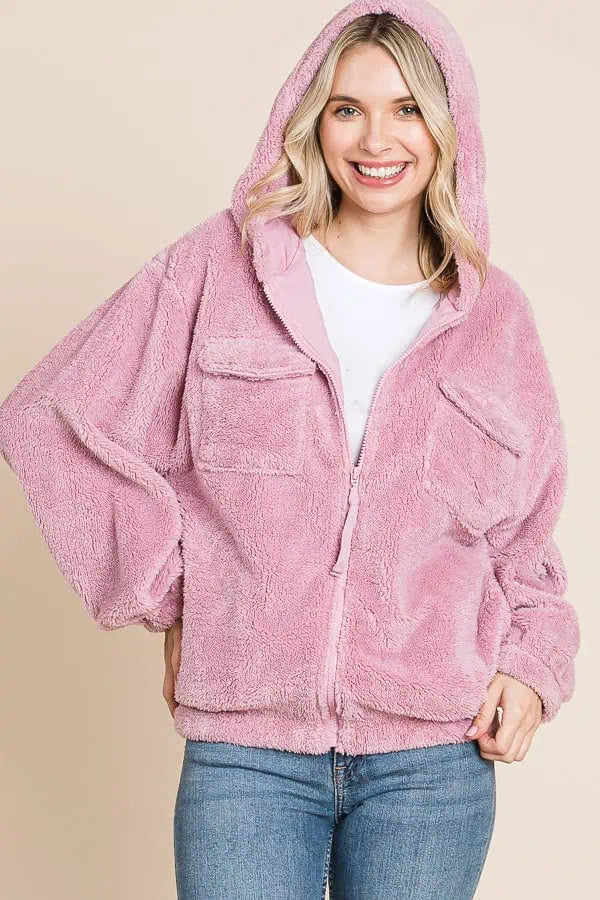 Warm Textures Soft Dressing Culture Code Faux Fur Zip Up Hooded Jacket with Side Pockets Warm Textures Soft Dressing Culture Code Faux Fur Zip Up Hooded Jacket with Side Pockets