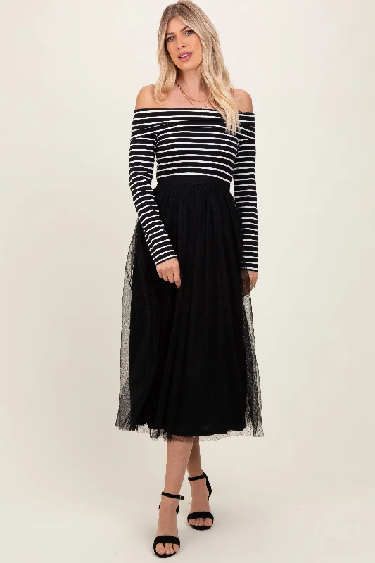 Affordable Chic Fits Trendy Casuals Black Striped Off Should Contrast Knit Mesh Maxi Dress