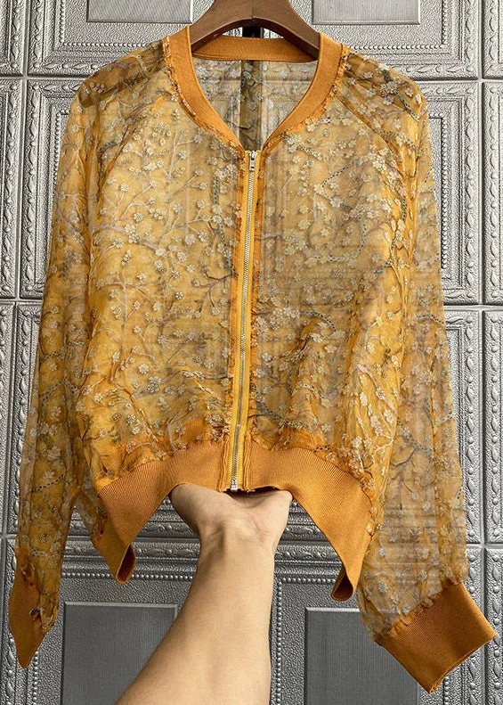 Cozy and Fashionable Stylish Attire New Yellow Embroideried Zippered Patchwork Silk Thin Coats Long Sleeve Cozy and Fashionable Stylish Attire New Yellow Embroideried Zippered Patchwork Silk Thin Coats Long Sleeve