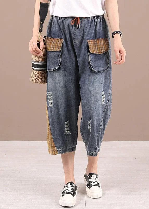 Soft Textured Wear Soft Apparel Bohemian Blue High Waist Pockets Summer Denim Pants