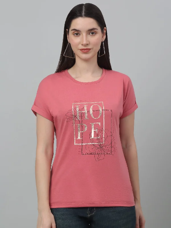 Smart Layered Looks Comfort Trends Women's Casual Extended Sleeve Dark Pink Round neck Typographic Print T-Shirt Smart Layered Looks Comfort Trends Women's Casual Extended Sleeve Dark Pink Round neck Typographic Print T-Shirt