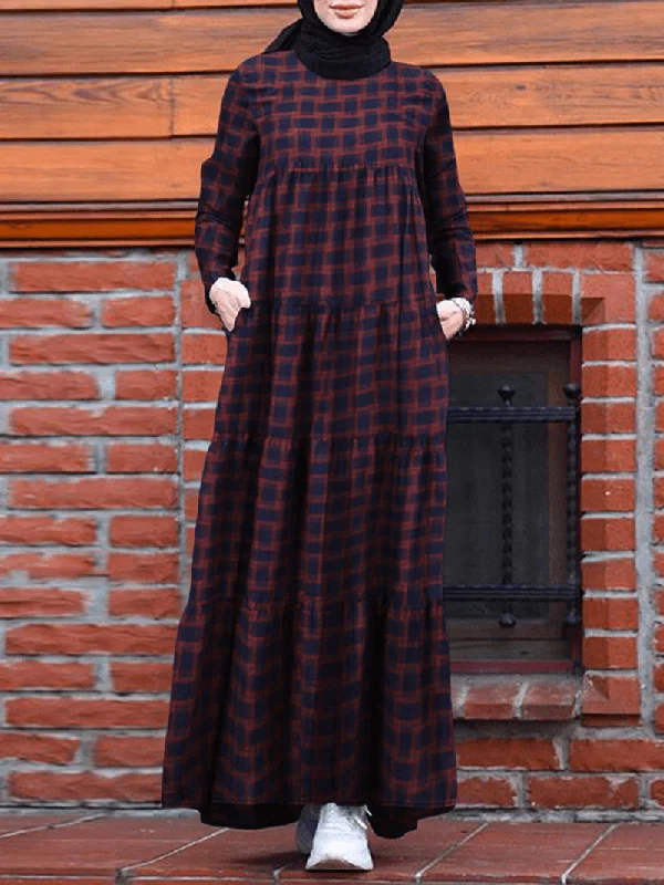 Comfortable Fashion Choices Affordable Outfits Women Vintage Plaid round Neck Kaftan Casual Long Sleeve Maxi Dresses with Pocket