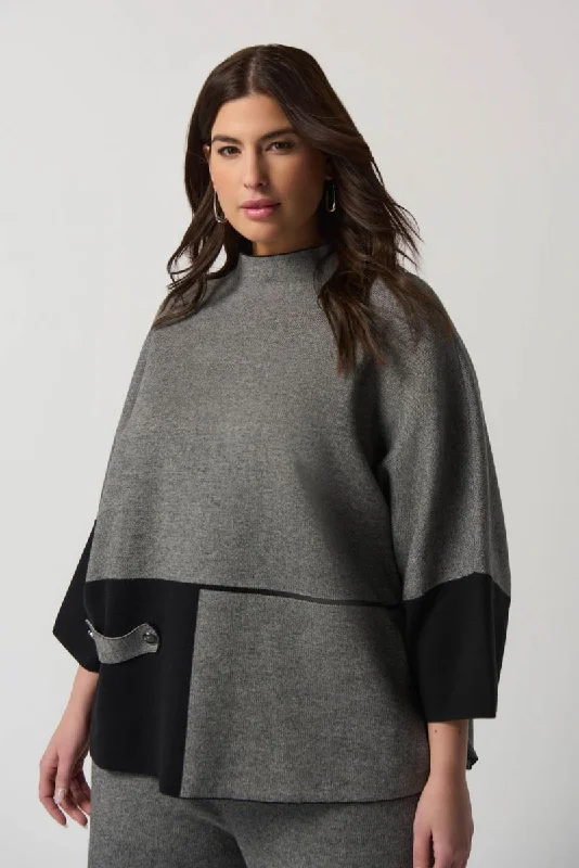 Practical Chic Wear Fashionable Comfort Joseph Ribkoff Black/Grey Colour-Block Funnel Collar Top Style 233935