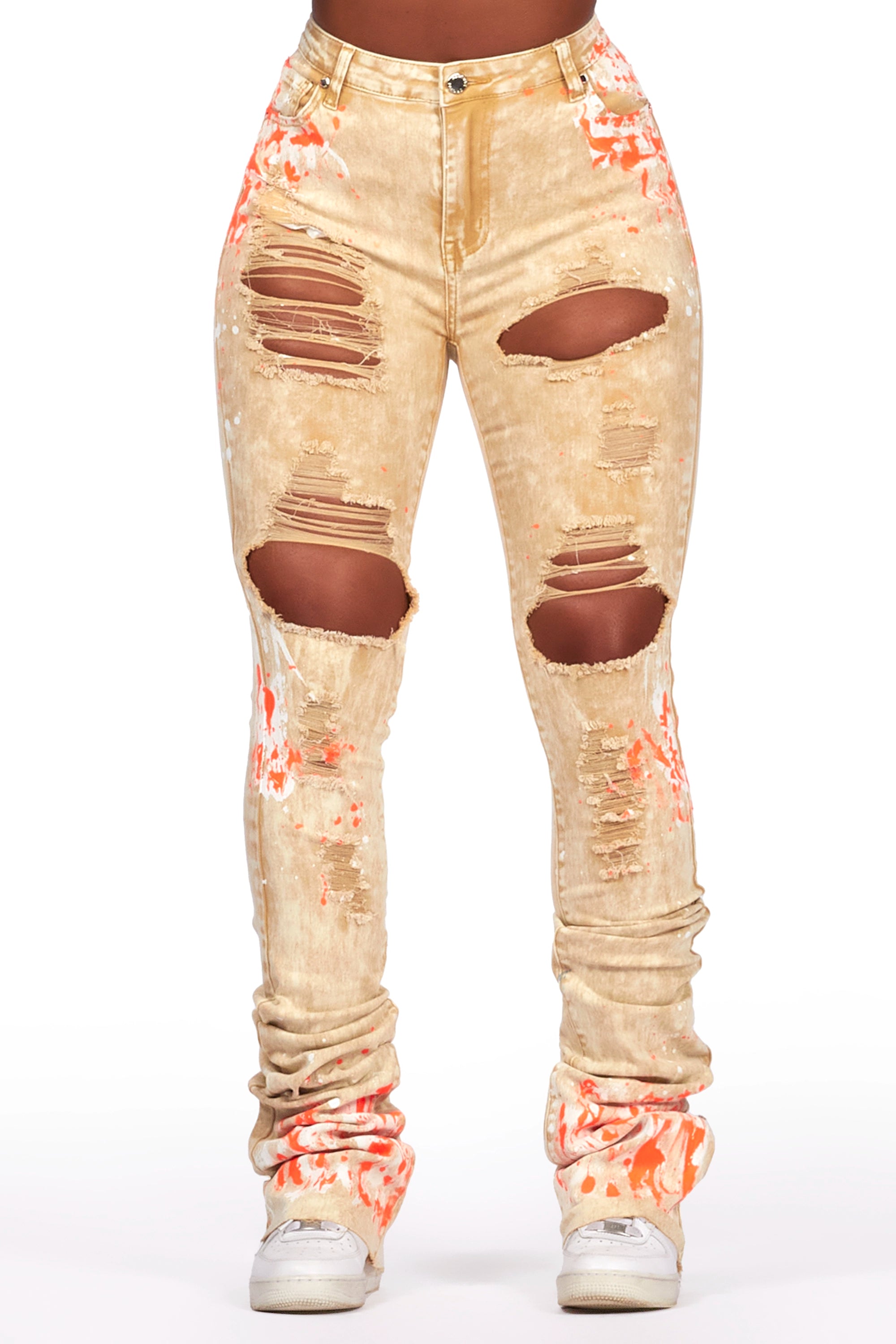Cozy Fabric Fits Trendy Comfortwear Calisha Tan Painted Super Stacked Jean