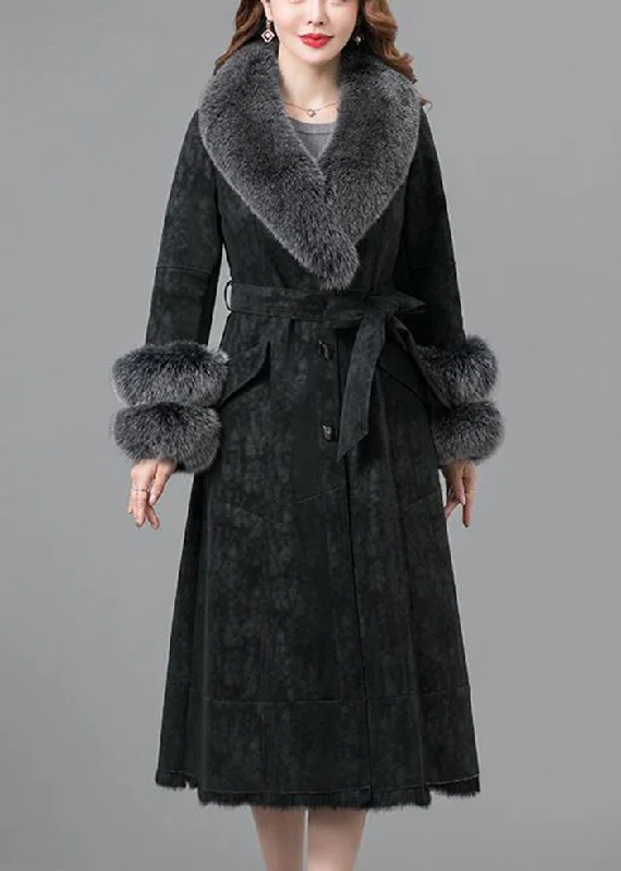 Cozy and Fashionable Cozy Textures Black Warm Faux Rabbit Leather And Fur Coats Fox Collar Tie Waist Winter Cozy and Fashionable Cozy Textures Black Warm Faux Rabbit Leather And Fur Coats Fox Collar Tie Waist Winter
