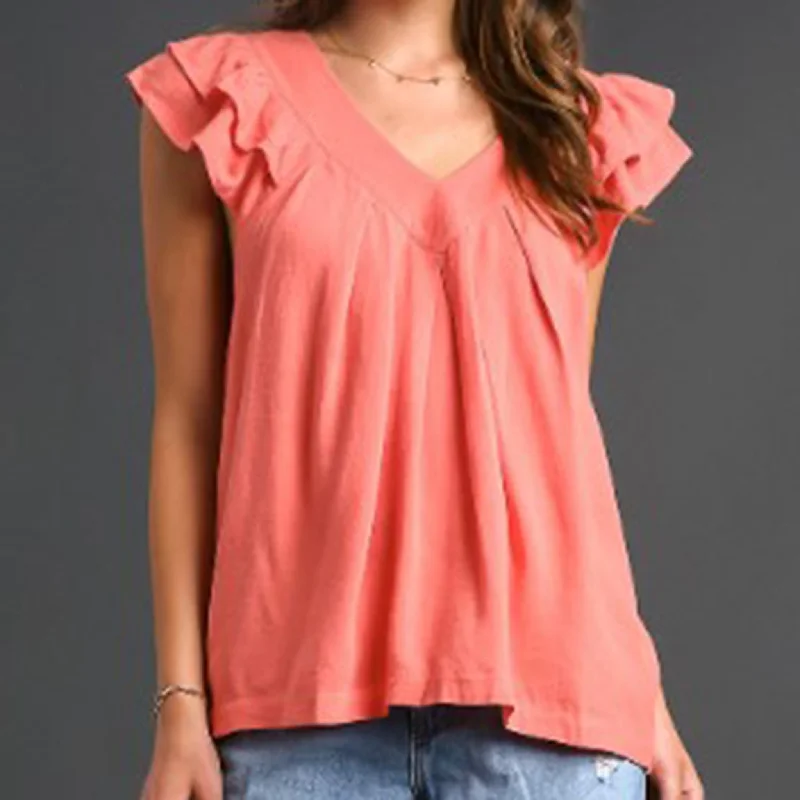 Umgee USA Women's Solid V-Neck Ruffle Sleeveless Shirt