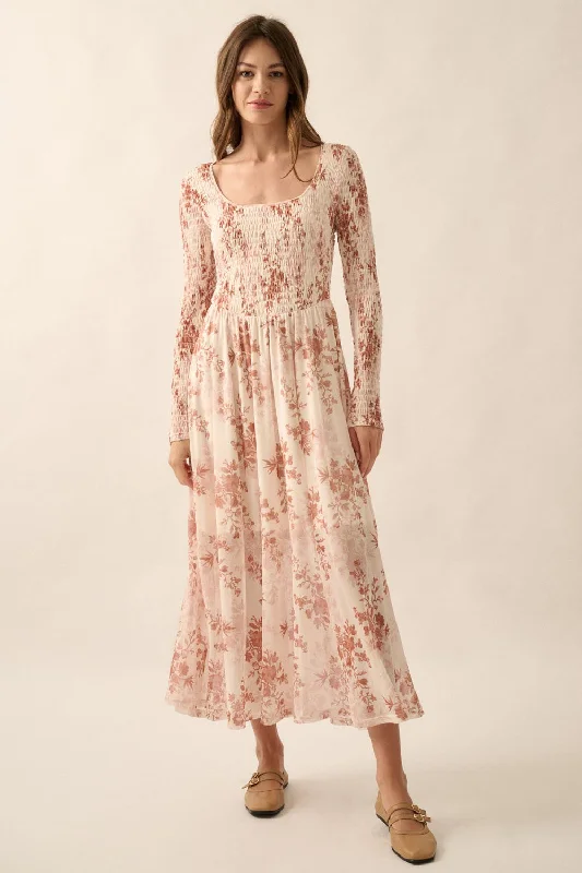 Casual Trend Pieces Comfort-driven Style Cream Floral Smocked Woven Maxi Dress