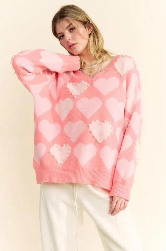 Comfortable Textiles Stylish Outfits Davi & Dani Heart Pearl Side Slit V Neck Sweater Comfortable Textiles Stylish Outfits Davi & Dani Heart Pearl Side Slit V Neck Sweater