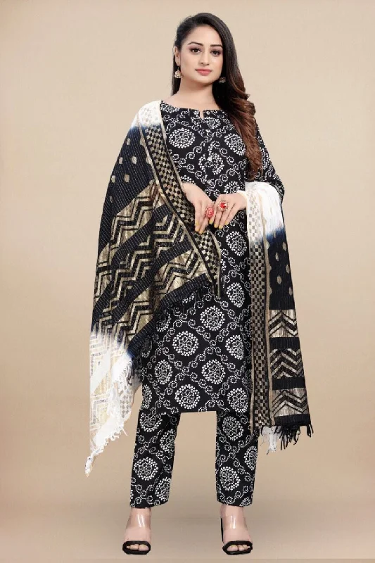 Black Bandhani Printed Rayon Straight Cut Suit