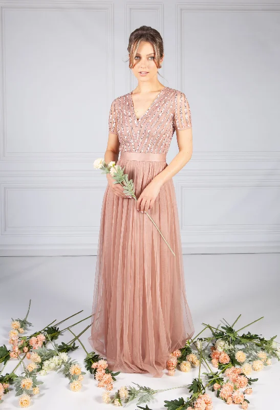 Simple Stylish Wear Cool Comfort Style Blush V Neck Sequin and Tulle Dress with Tie Waist