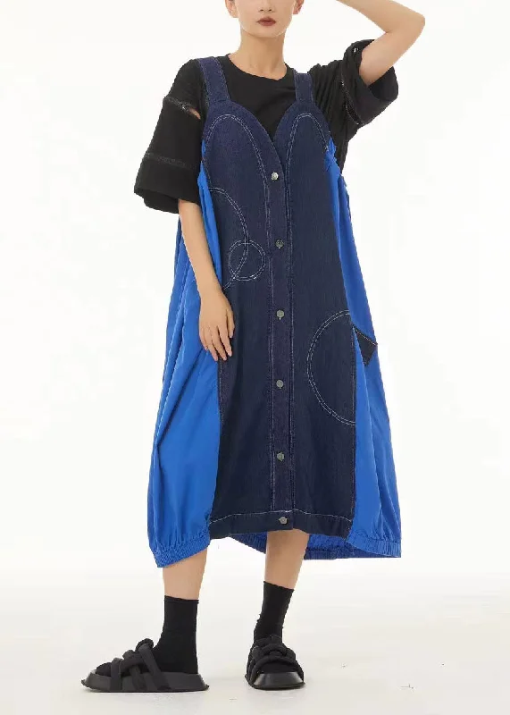 Warm Comfortable Pieces Cool Layers Denim Blue Patchwork Cotton Strap Dress Oversized Summer Warm Comfortable Pieces Cool Layers Denim Blue Patchwork Cotton Strap Dress Oversized Summer
