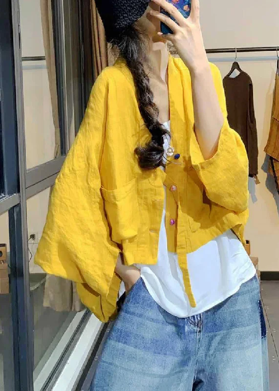 Relaxed Chic Cozy Casuals French Yellow Button Pockets Linen Coats Batwing Sleeve