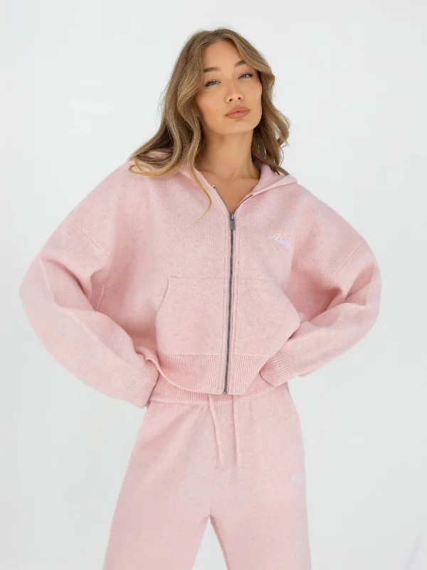 Soft Textured Wear Street Comfortwear Knitted Full Zip Hoodie - Marshmallow Pink