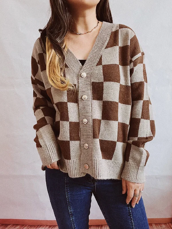 Stylish Daily Outfits Cozy Casuals Checkered Open Front Button Up Cardigan