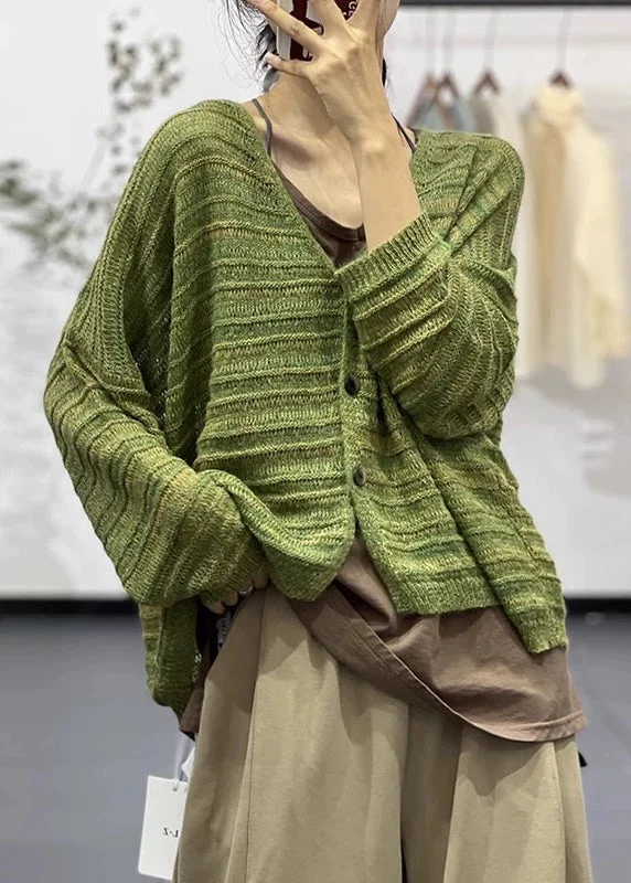 Practical Wear Pieces Simple Comfortwear New Green V Neck Hollow Out Cotton Knit Coats Fall Practical Wear Pieces Simple Comfortwear New Green V Neck Hollow Out Cotton Knit Coats Fall