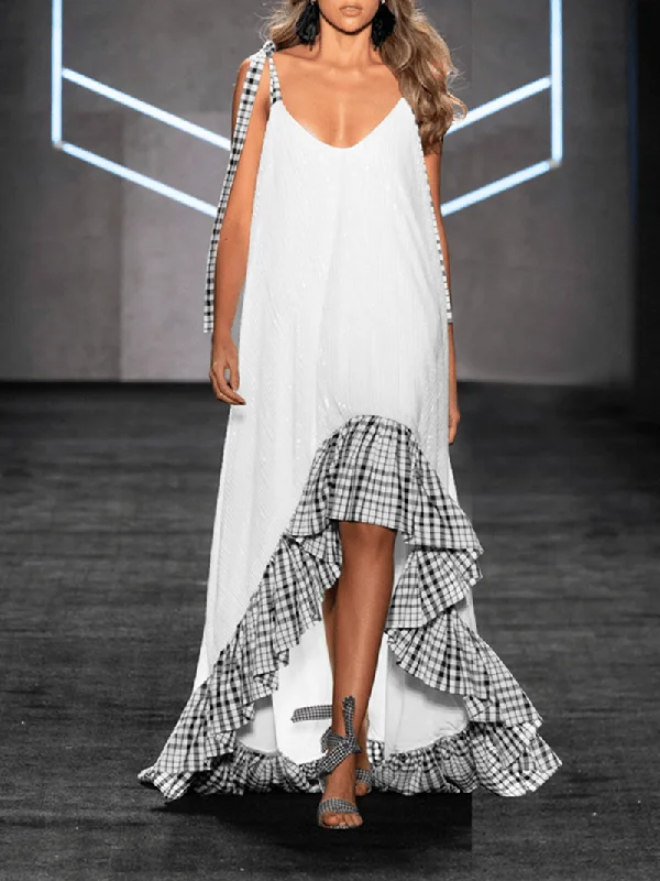 Affordable Chic Fits Affordable Outfits Sleeveless Patchwork Plaid Ruffles Trim High Low Hem Straps Maxi Dress for Women