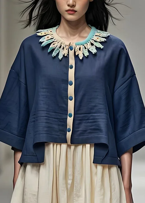 Soft Layers Clothing Street Comfortwear Fashion Navy Petal Neck Button Patchwork Cotton Short Coat Bracelet Sleeve Soft Layers Clothing Street Comfortwear Fashion Navy Petal Neck Button Patchwork Cotton Short Coat Bracelet Sleeve