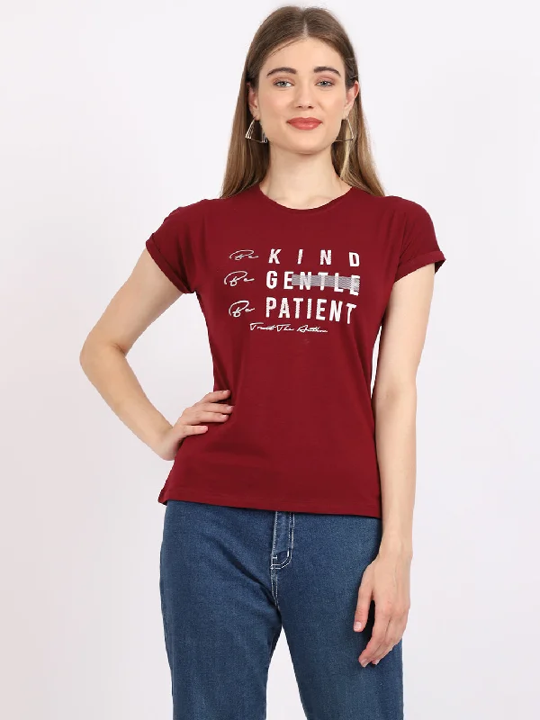Effortless Fashionwear Comfy Wear Women's Casual Regular Short Sleeve Wine Round neck Typographic Print T-Shirt