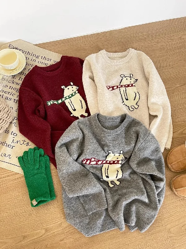 Smart Comfort Wear Casual Layers round neck cute cartoon embroidery design long-sleeved knitted sweater      S4683
