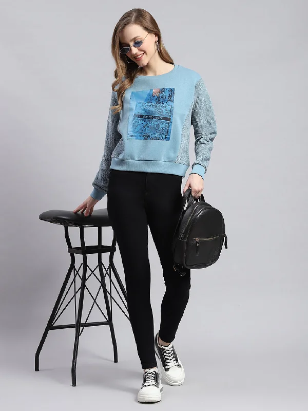 Streetwear Comfort Stylish Essentials Women Teal Blue Printed Round Neck Full Sleeve Sweatshirts