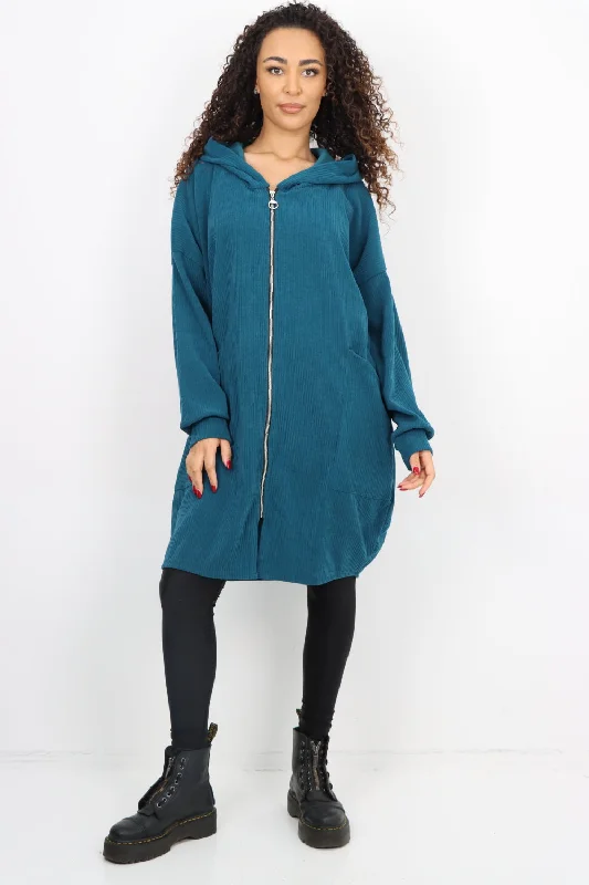 Comfortable Textiles Trendy Casuals Corduroy Zip Up Long sleeve Hooded Dress