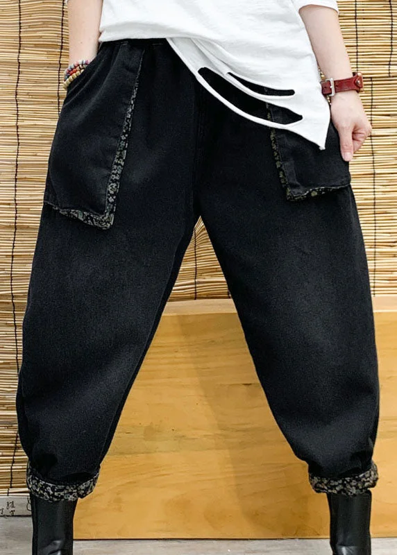 Classy Black Pockets Loose denim Pants Winter